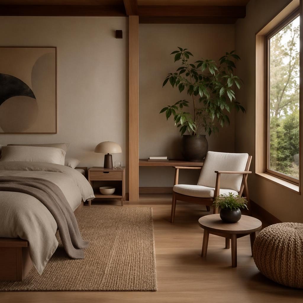 mid-century reading nook interior design concept, warm neutrals colour palette, overcast diffused. Realistic photographi