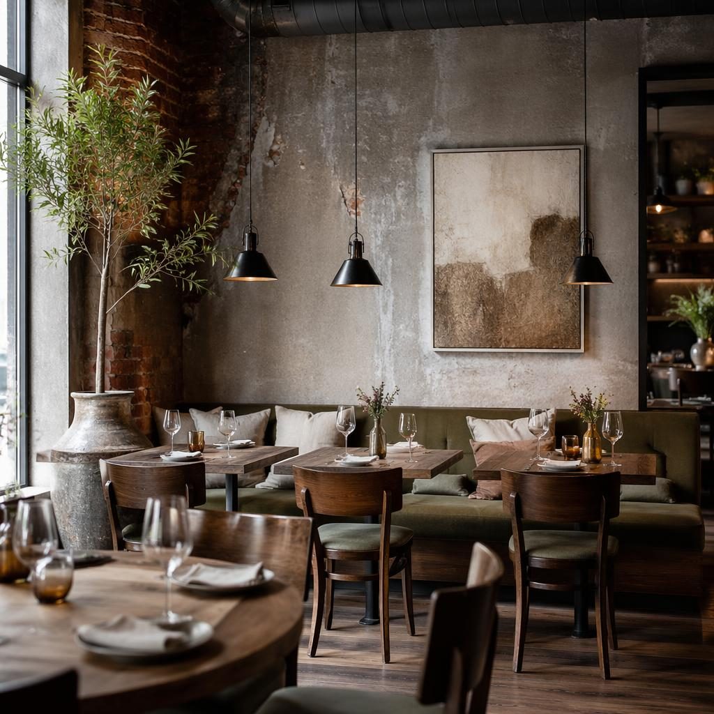 Cuisine scandinave en tons terre, lumière du jour douce, bois naturel, plantes, textiles et décoration soignée.