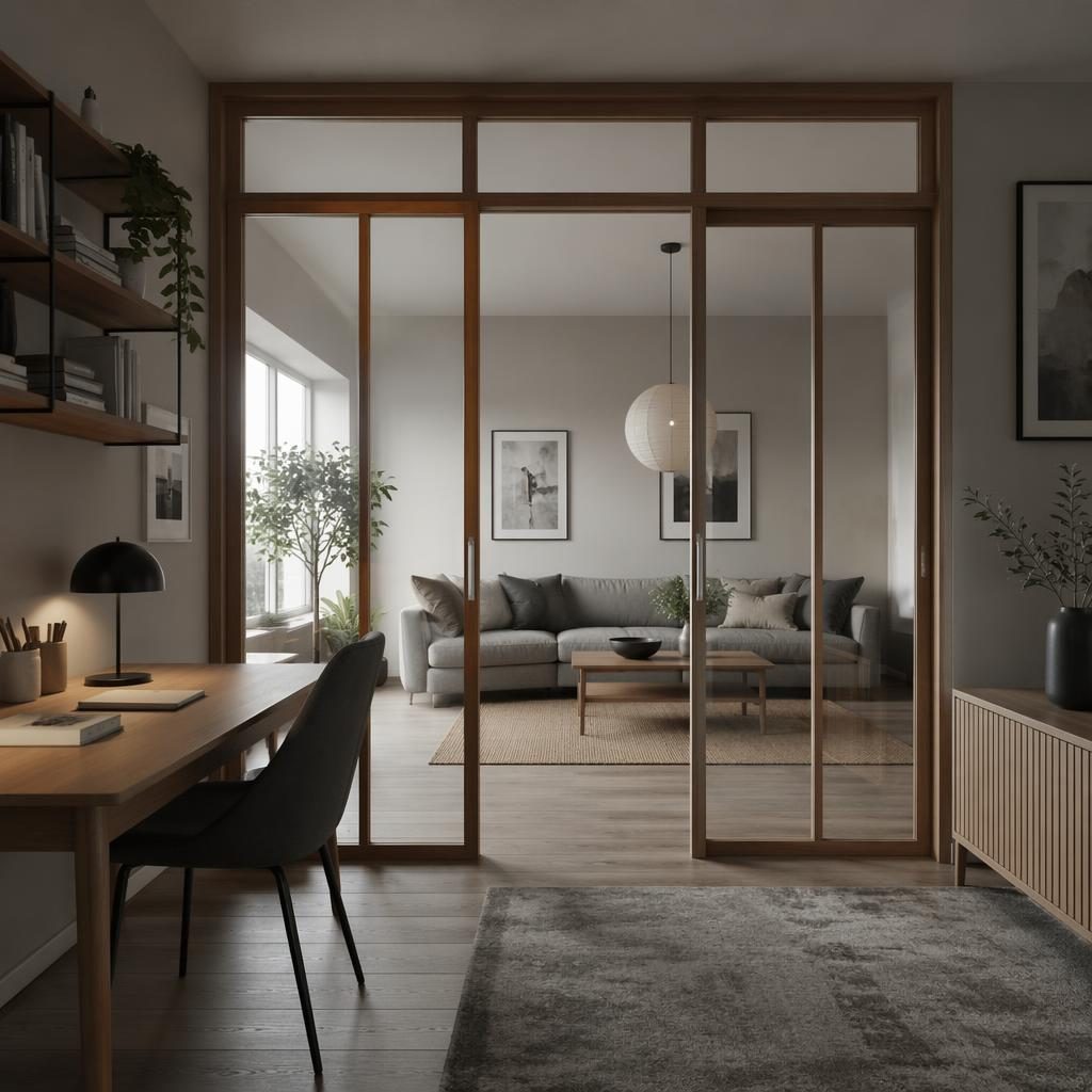 Scandinavian home office in cool grey tones with a wood and glass partition for living room, natural materials, plants and art.