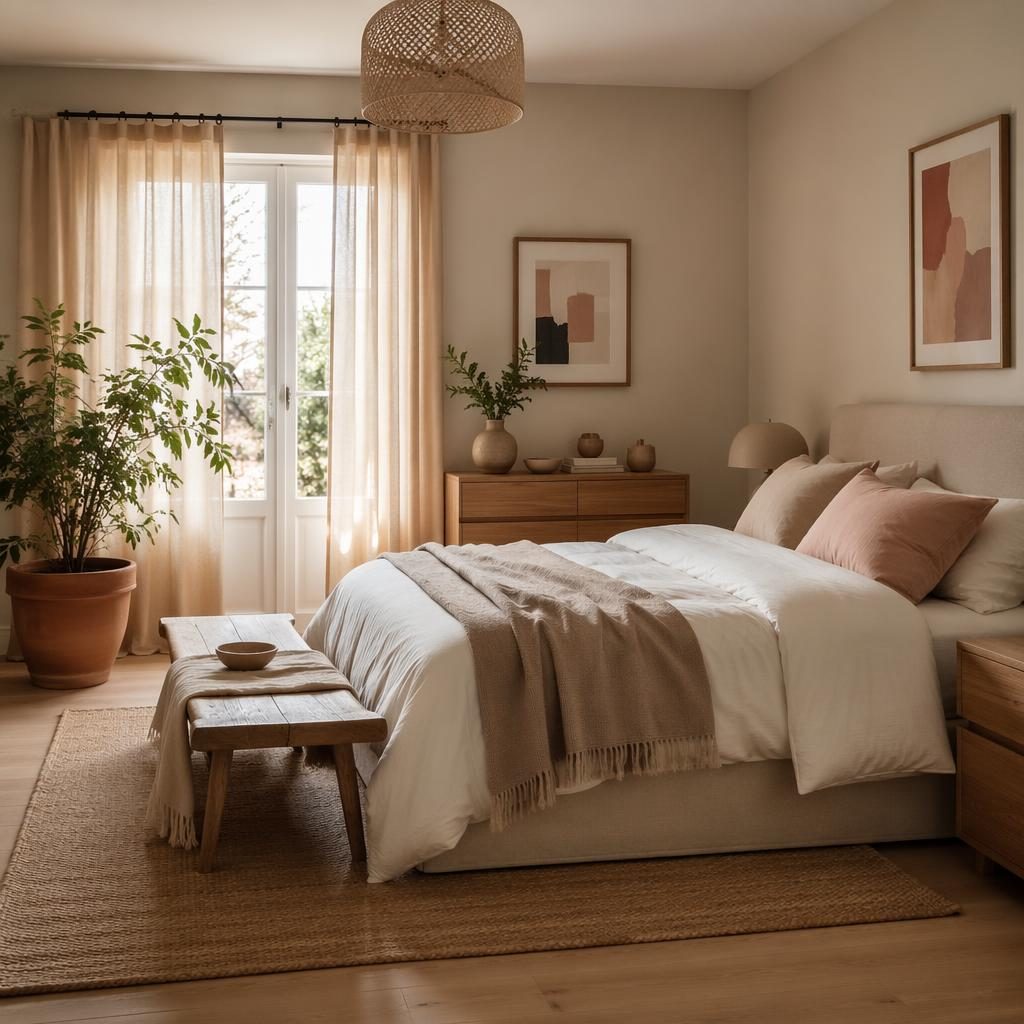 Earth-tone living room with pastel pink and beige accents, natural materials, plants, art, textiles, and soft daylight