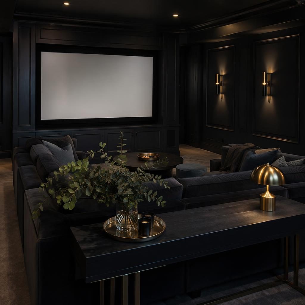 Dark luxurious home cinema interior with blue and brass tones, plush seating, plants, art, textiles, and natural materials.