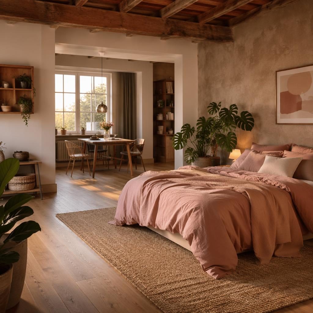 Industrial Schlafzimmer mit offenen Holzbalken, rosa-beiger Palette, Pflanzen, Kunst, Textilien und Abendlicht