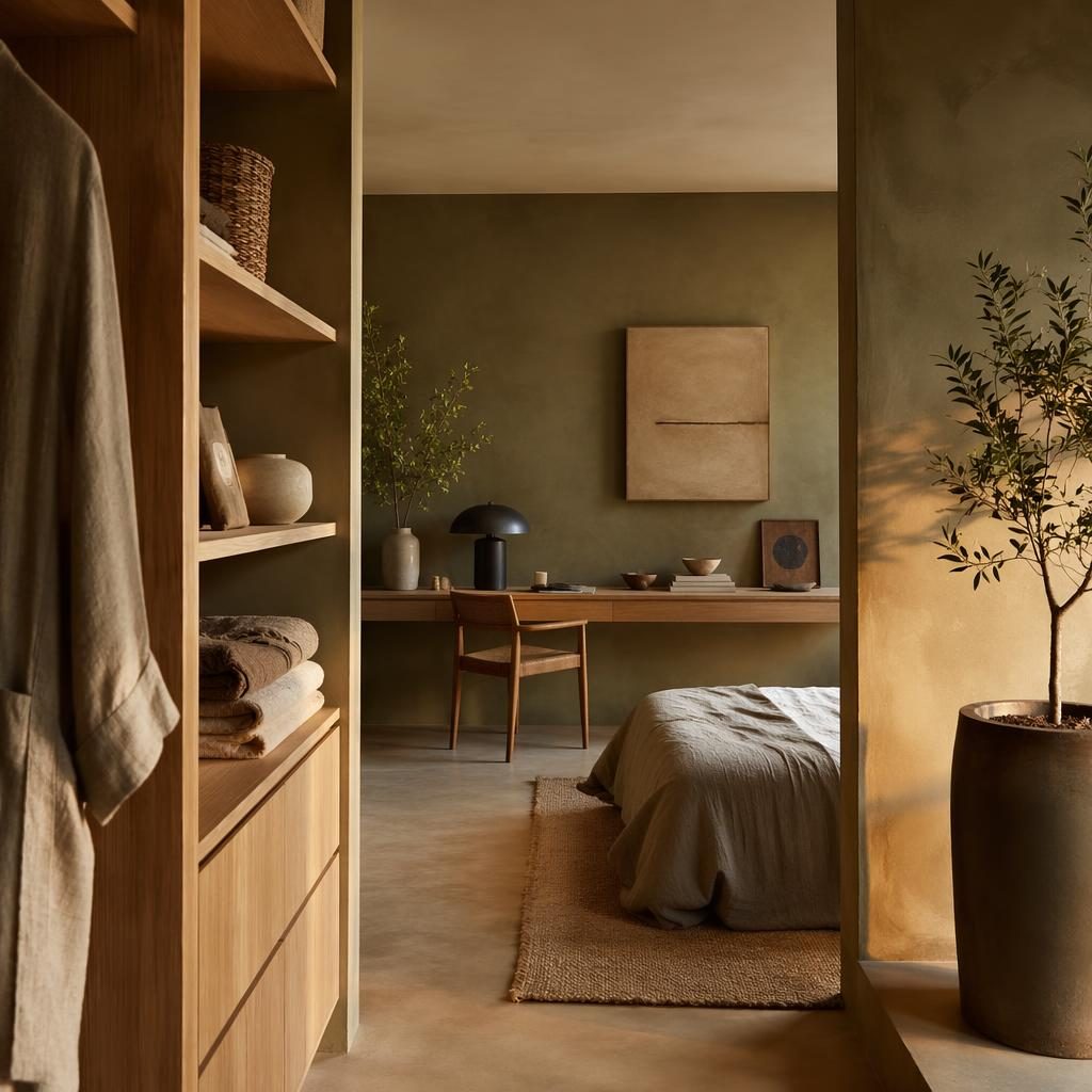 Vestidor interior tipo walk-in con diseño wabi sabi, tonos salvia y crema, luz dorada, madera natural, textiles, plantas y arte.