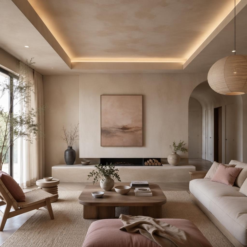 Sala japandi con tablaroca, tonos rosa pastel y beige, luz natural, muebles de madera, plantas, arte y textiles.