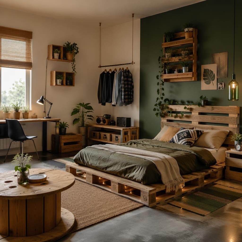 Dormitorio juvenil moderno con estilo boho, tonos tierra, muebles reciclados, textiles, plantas y luz ambiental tenue.