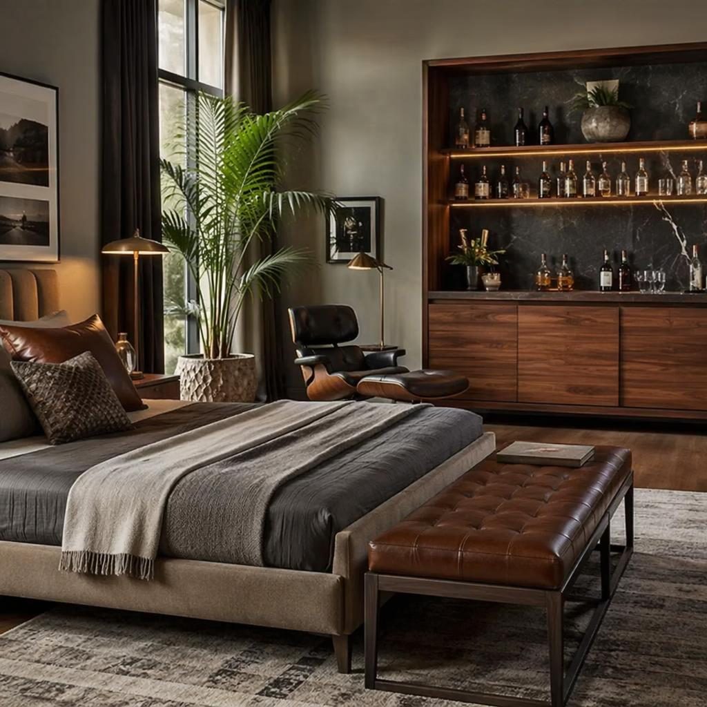 Luxury contemporary bedroom in earth tones with a mid century home bar, natural materials, plants, art, and soft daylight.