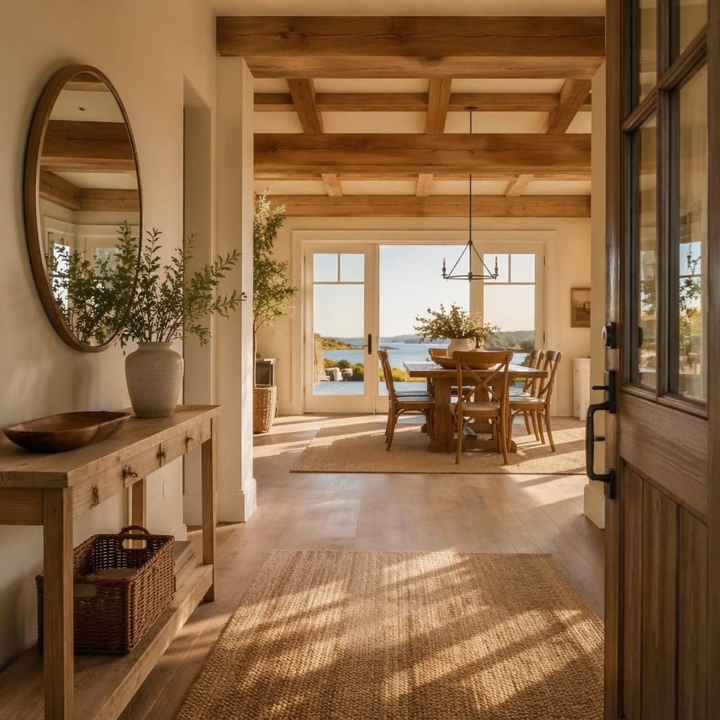Coastal farmhouse main entrance design with open beams, warm neutral decor, natural materials, plants, art, and golden hour light.