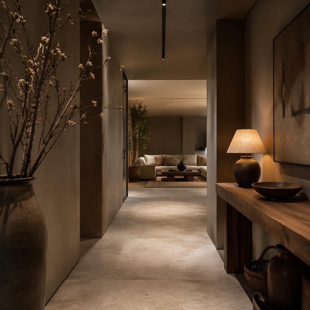 Baño spa contemporáneo de estilo japandi con tonos neutros cálidos, materiales naturales, plantas y luz ambiental tenue.