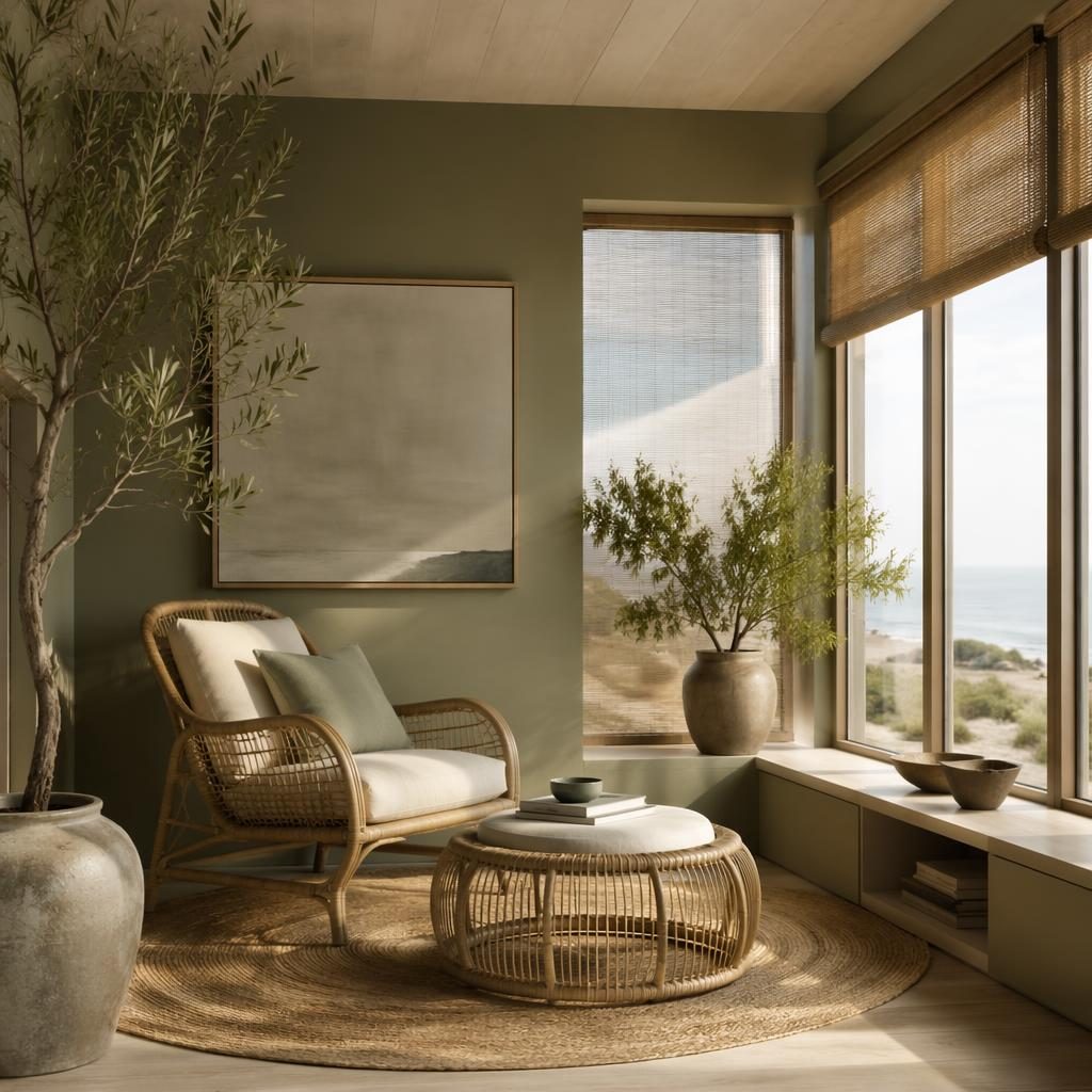 Modernes minimalistisches Leseeck im Sonnenzimmer mit Rattanmöbeln, Salbei-Creme-Palette, Pflanzen, Kunst und Textilien