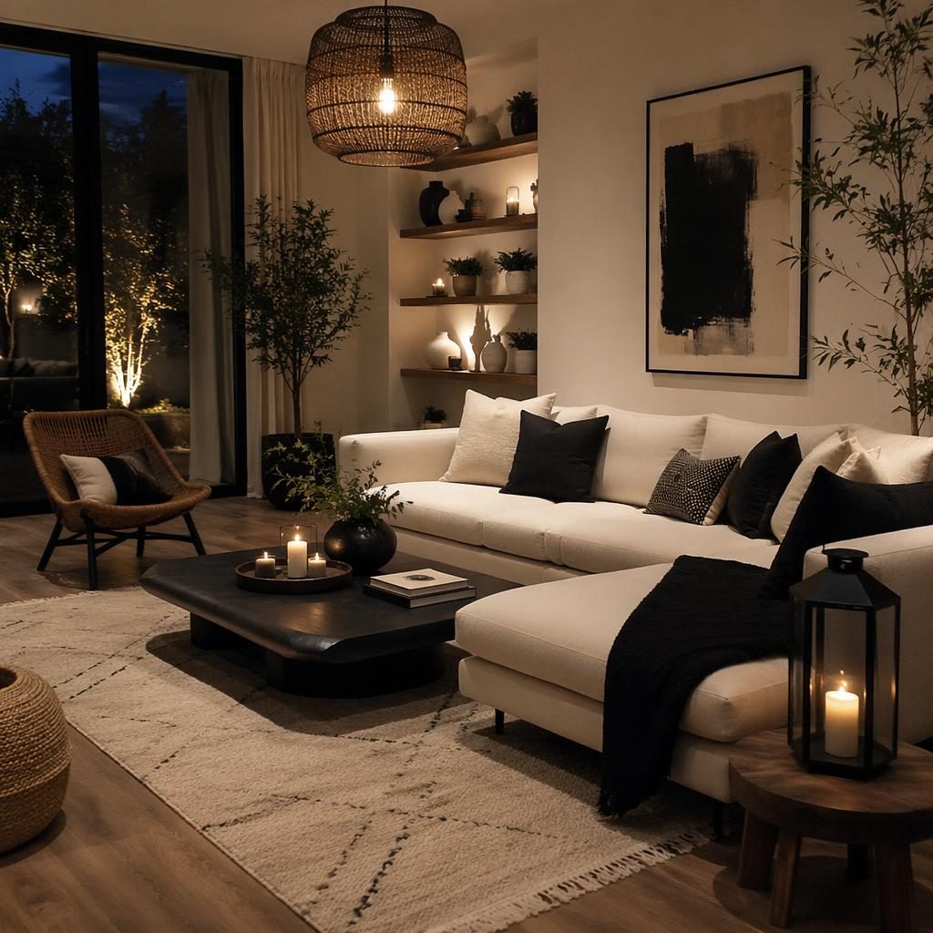 Salon scandinave noir et blanc, lumière du soir, matières naturelles, plantes, art mural et textiles, sans personne.