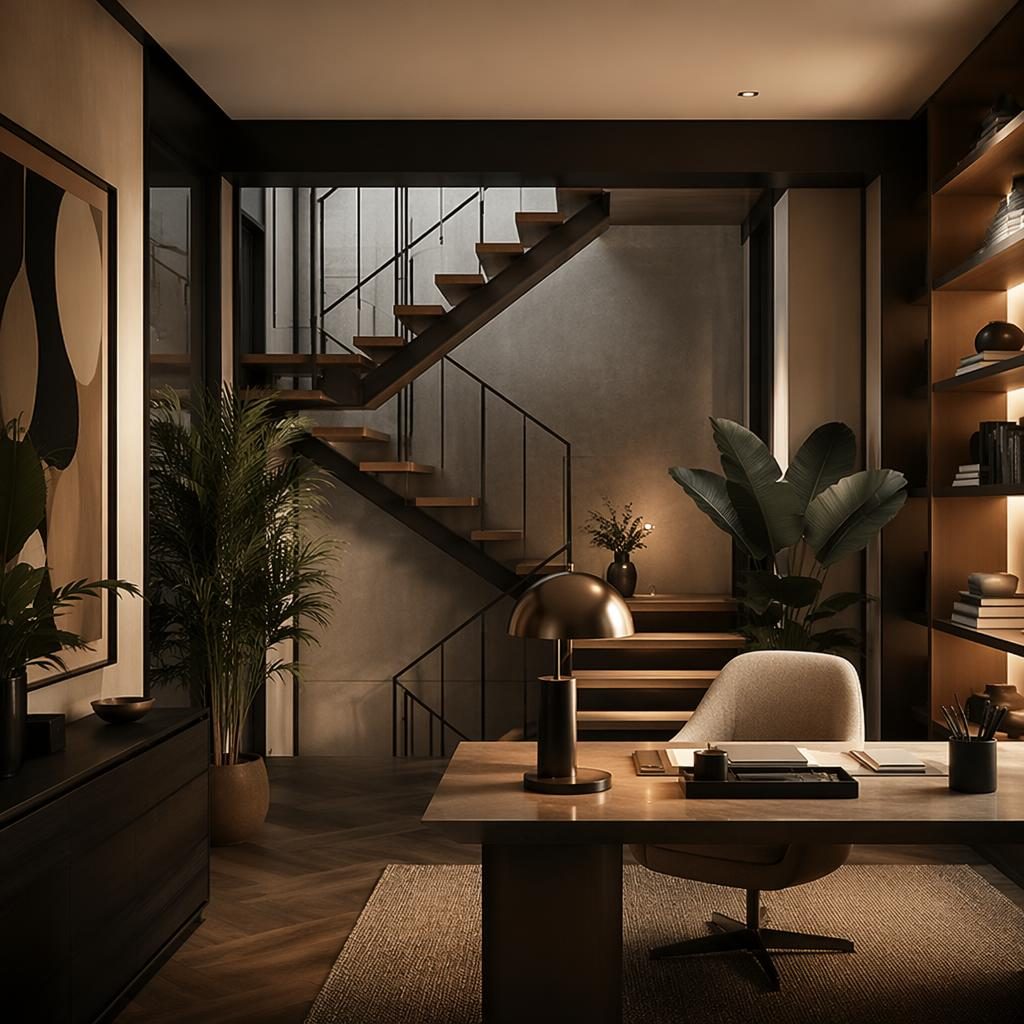 Interior realista con escalera moderna, oficina en casa art déco y cocina minimalista de concreto en tonos neutros