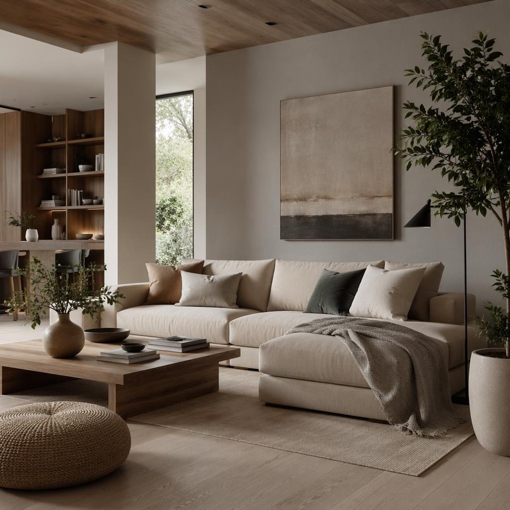 Moderní minimalistický obývací pokoj v teplých neutrálech, denní světlo, přírodní materiály, rostliny a umění