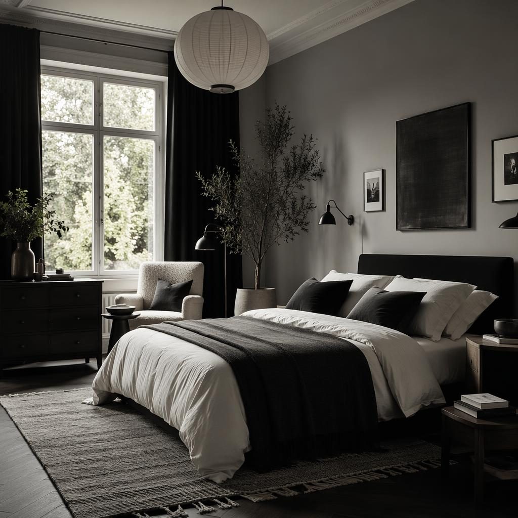 Cuisine scandinave minimaliste noir et blanc, matériaux naturels, plantes, art mural et lumière tamisée, sans personne.