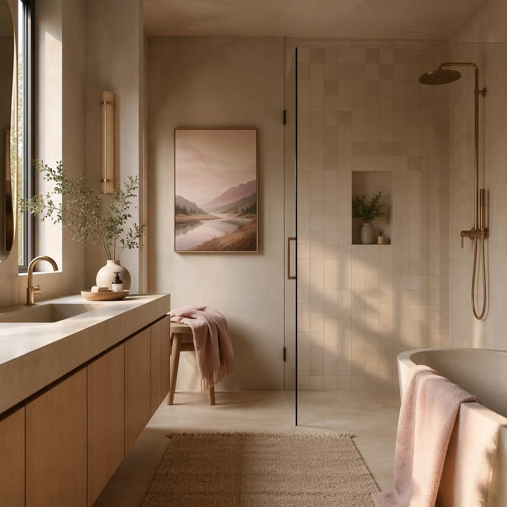 Scandinavian interior with pastel pink and beige palette, concrete kitchen, plants, textiles, art, and golden hour light