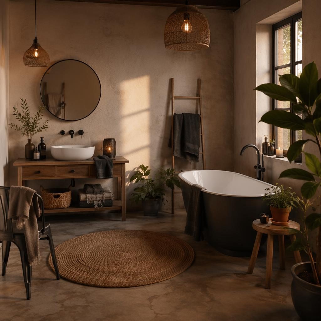 Salle de bain farmhouse aux tons neutres chauds, lumière dorée, matériaux naturels, textiles bohèmes et macramé visible.