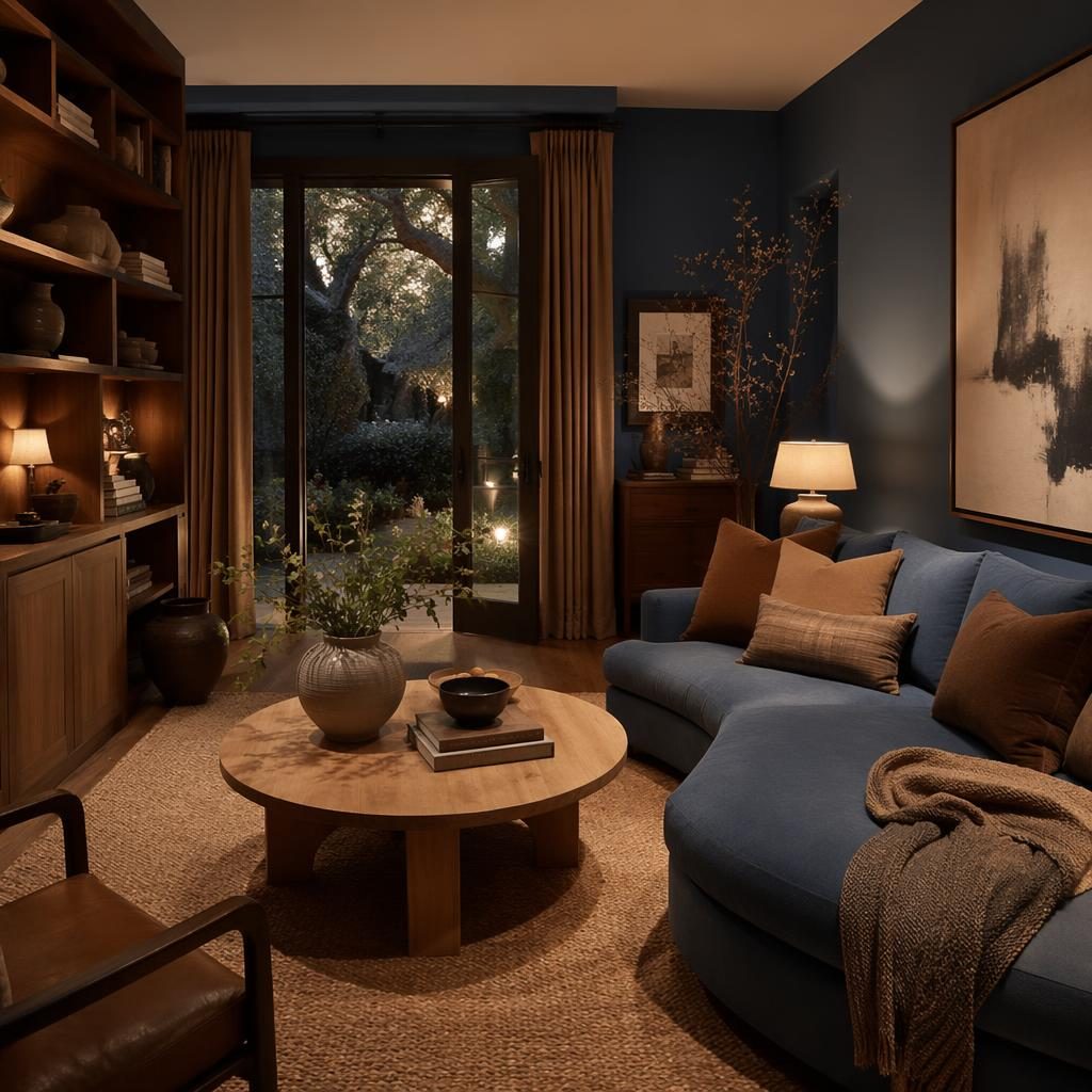 Art deco walk-in closet with pastel pink and beige tones, wabi sabi reading corner, plants, textiles, and warm evening light.