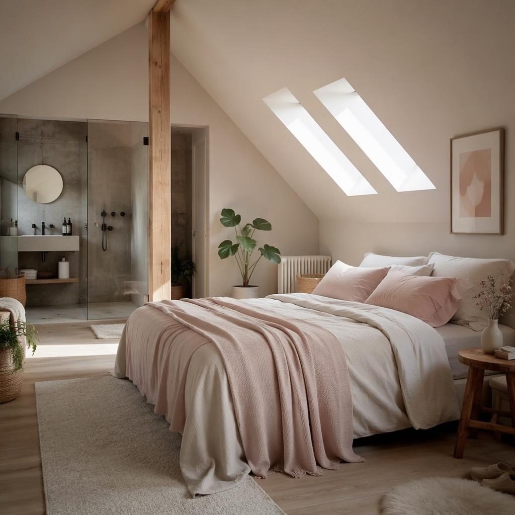 Industrial-Badezimmer mit Rohbeton, sanftem Tageslicht, natürlichen Materialien und ruhiger, moderner Gestaltung