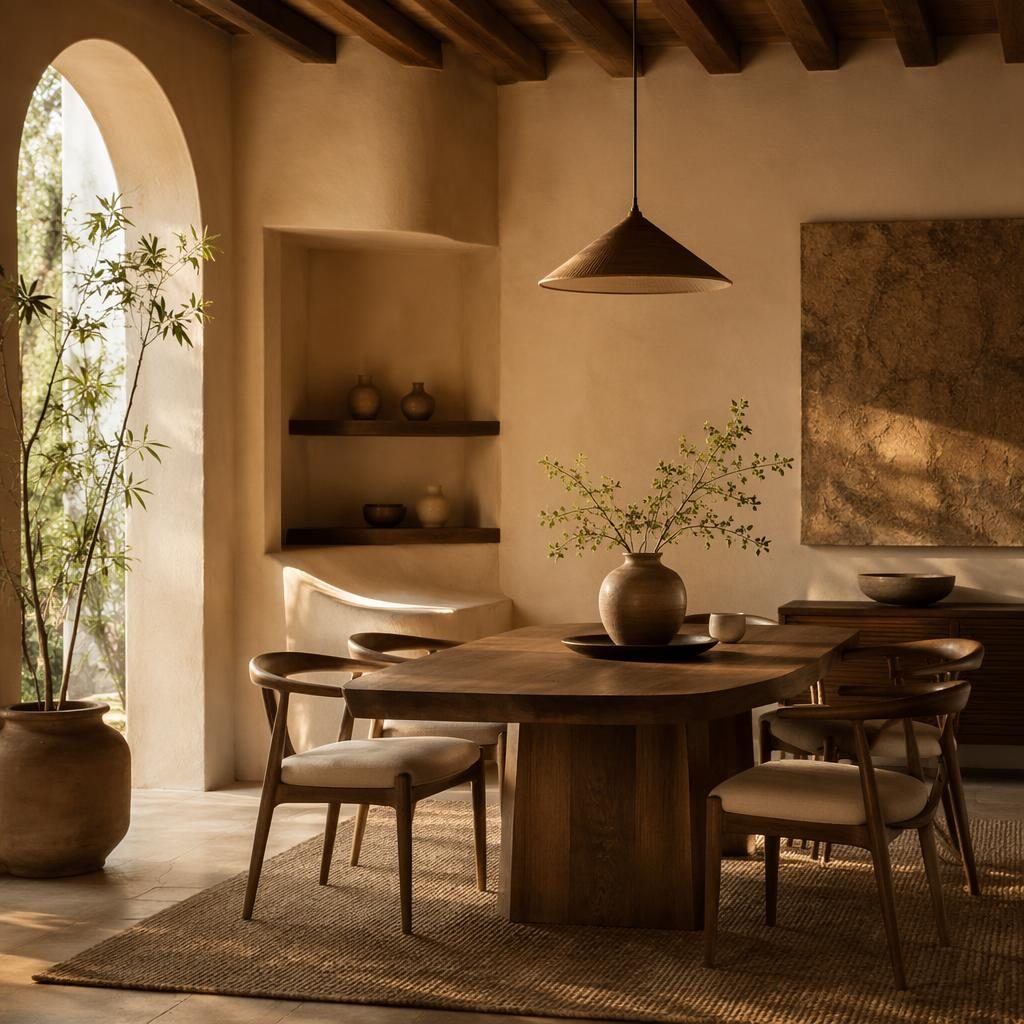 Minimalist japandi tea room with earth tones, natural wood, low seating, textiles, plants, and warm golden hour light.