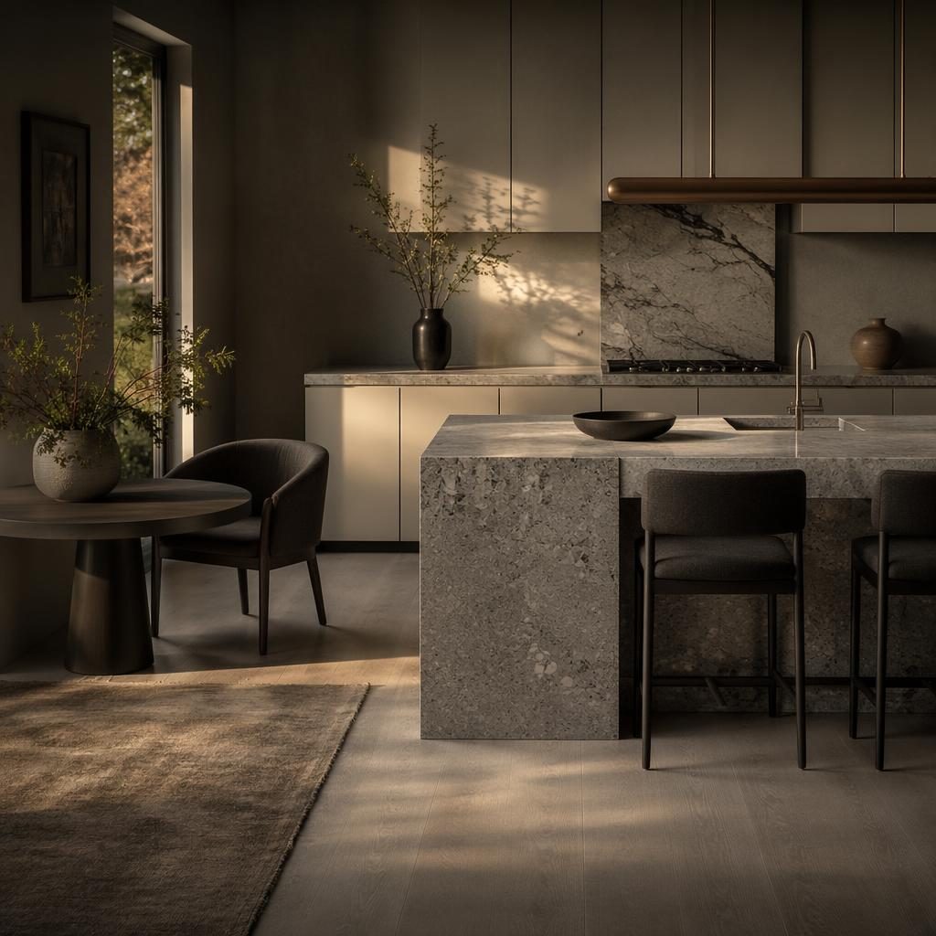 Realistic Scandinavian kitchen in Japandi style with cool grey tones, golden hour light, wood finishes, plants, art, and textiles.
