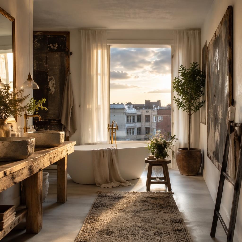 Scandinavian penthouse bathroom in black and white with natural materials, plants, art, textiles, and warm golden hour light.