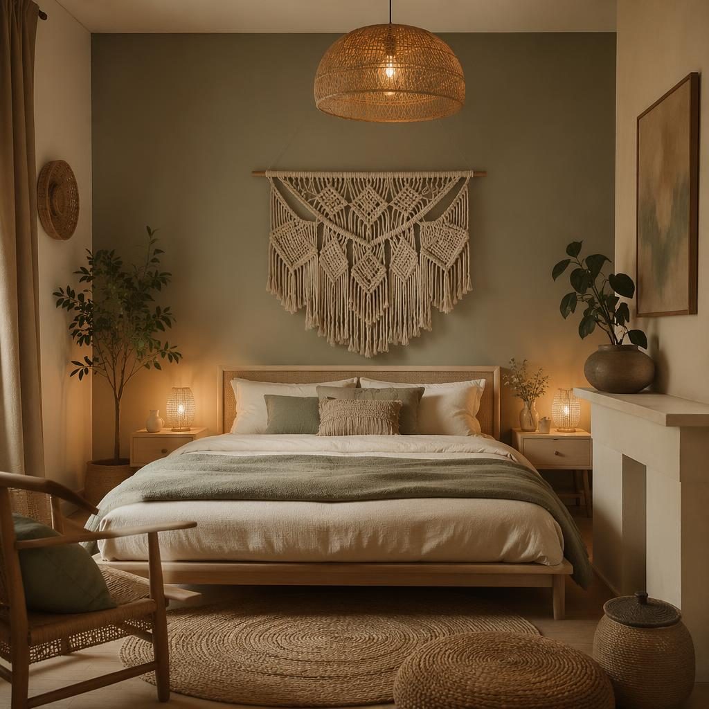 Japandi bathroom in sage and cream with natural materials, plants, textiles, art, and a boho macrame accent