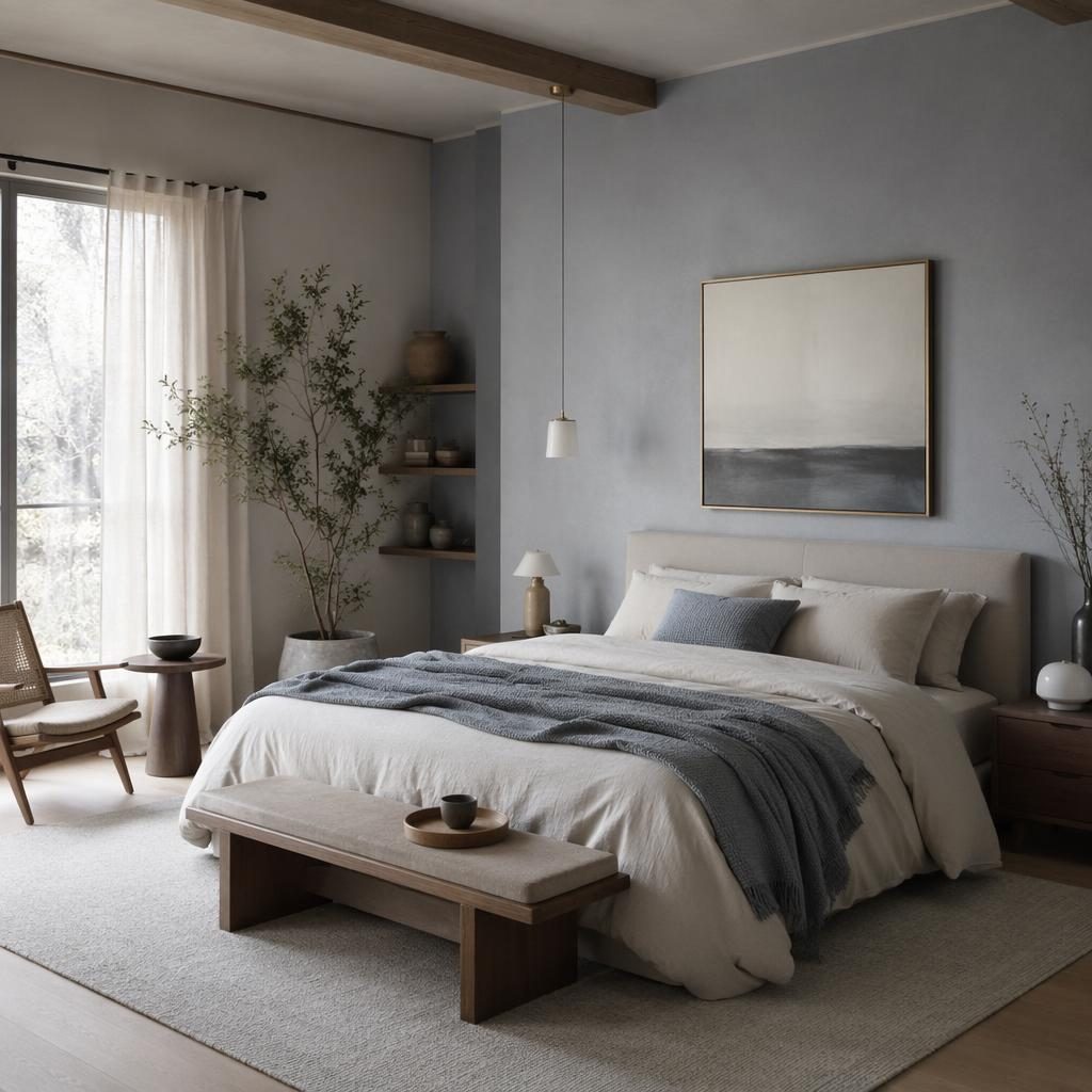 AI-rendered interior with a japandi-style pastel kitchen, blue and brass dining set, cool grey palette, plants and soft daylight.