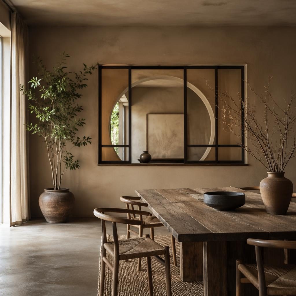 Chambre minimaliste aux tons terre avec fenêtre décorative intérieure, lumière douce, matières naturelles, plantes et textiles.