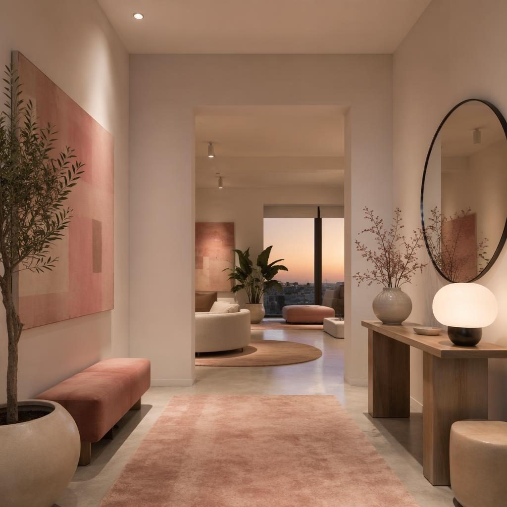 Minimalist white loft entryway with pastel pink and beige decor, natural materials, plants, art, and warm evening light