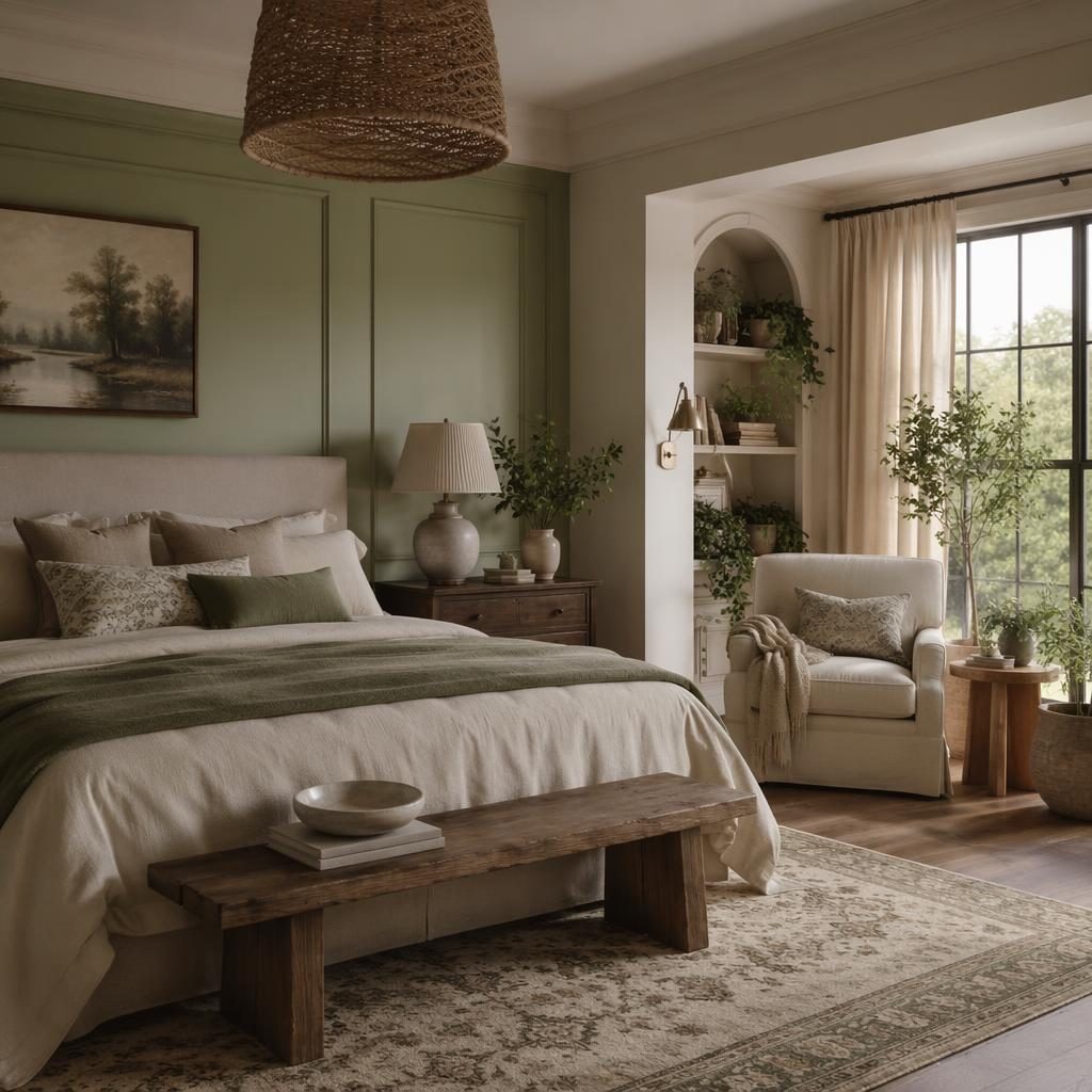 Luxury bedroom interior in sage and cream with a boho reading corner, plants, textiles, art, and natural materials.