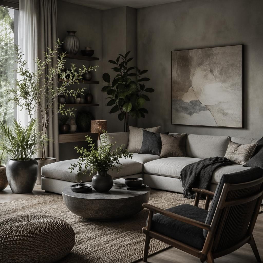 Wabi-sabi interior render in cool grey tones with blue and brass dining area, plants, art, textiles, and soft daylight