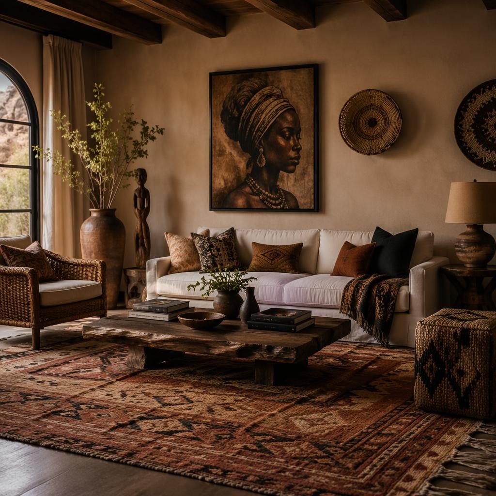Moody earth-tone farmhouse interior with boho rugs, natural wood furniture, plants, textiles, and curated wall art
