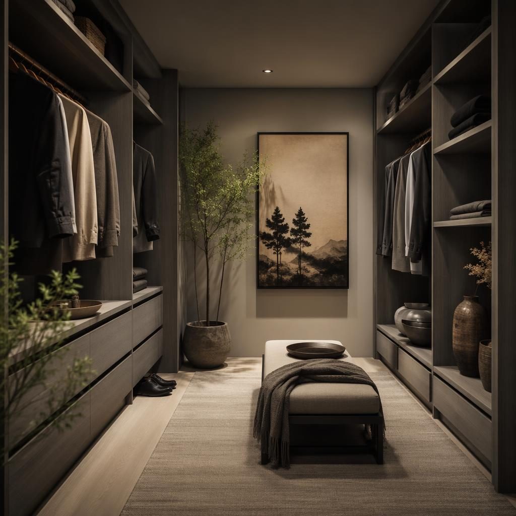 Moody japandi walk-in closet interior in cool greys with natural wood shelving, textiles, plants, art, and soft lighting