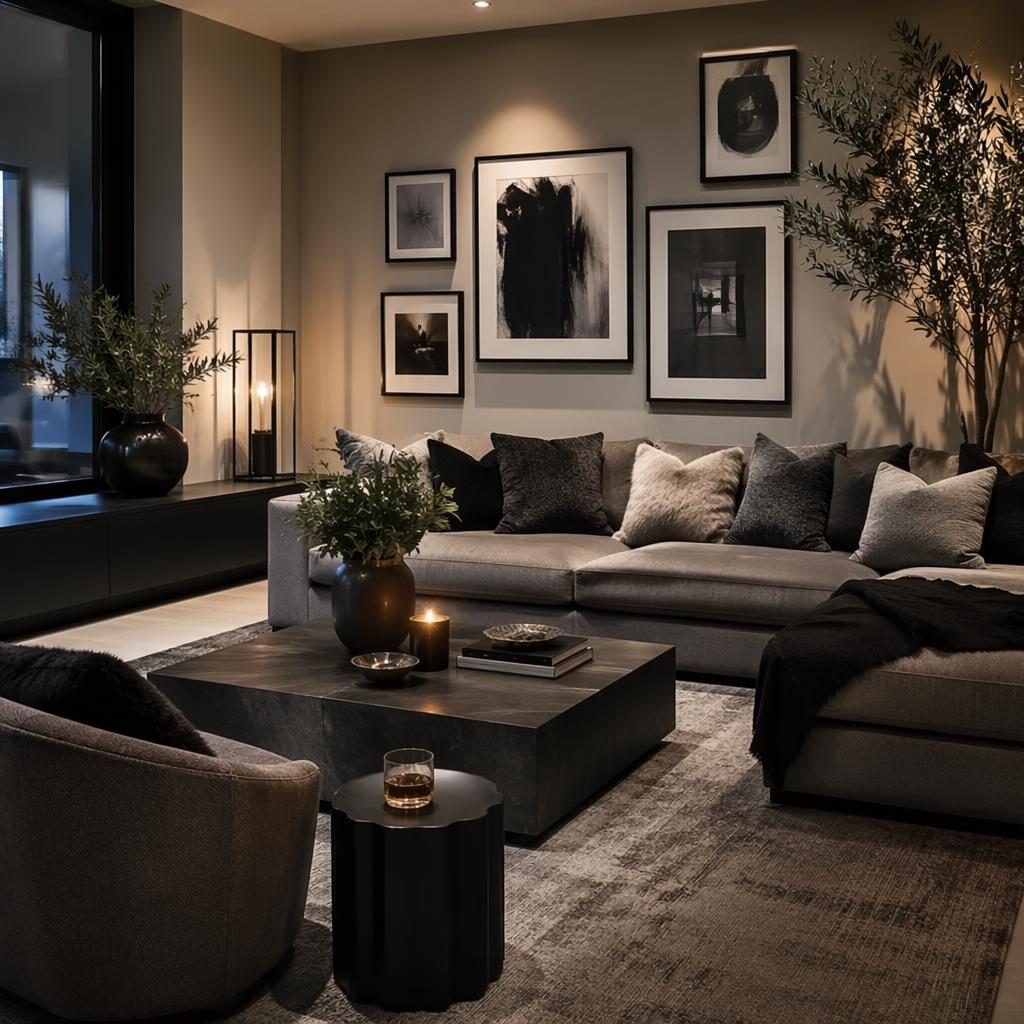Minimalist living room in cool greys with gallery wall, warm evening light, natural materials, plants, art and textiles