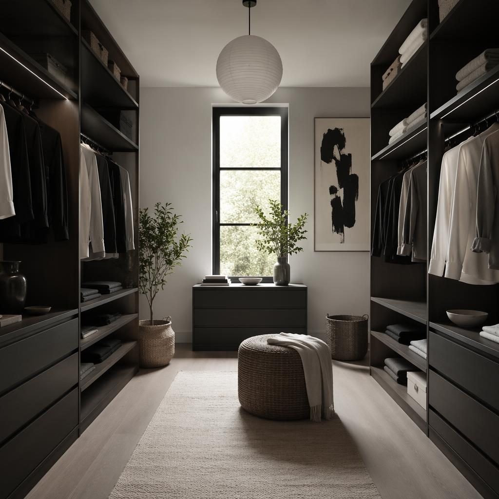 Japandi-style teen bedroom walk-in closet in black and white with soft daylight, natural materials, plants, art, and textiles.