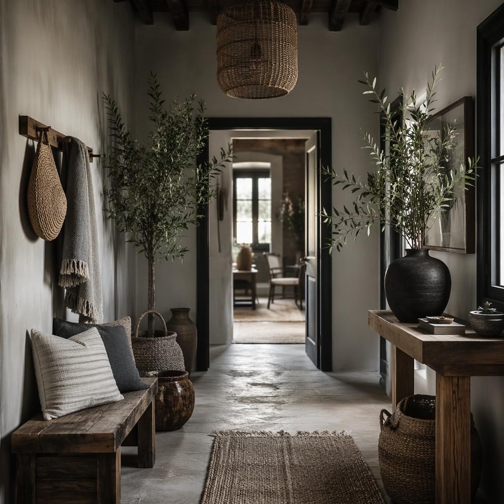 Cocina escandinava de estilo boho con tonos grises fríos, materiales naturales, plantas, arte y textiles, sin personas.