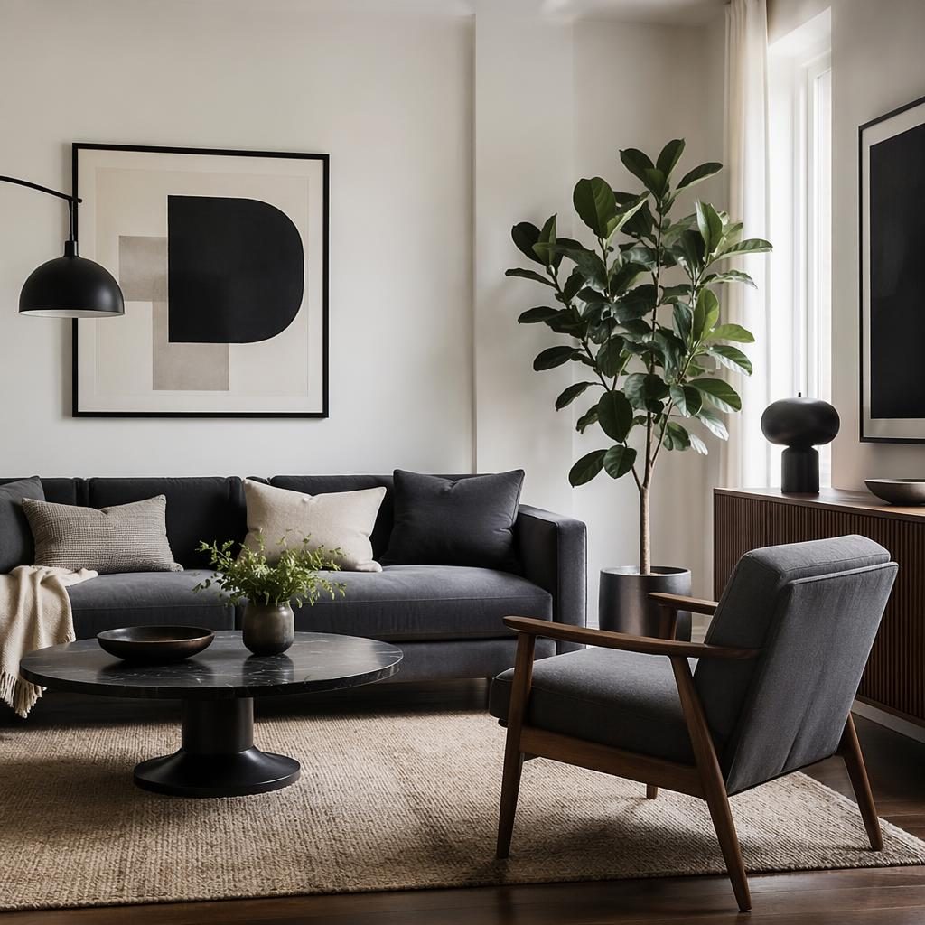 Salon estilo mid-century con sofa gris oscuro, paleta en blanco y negro, luz natural suave, plantas, arte y textiles.
