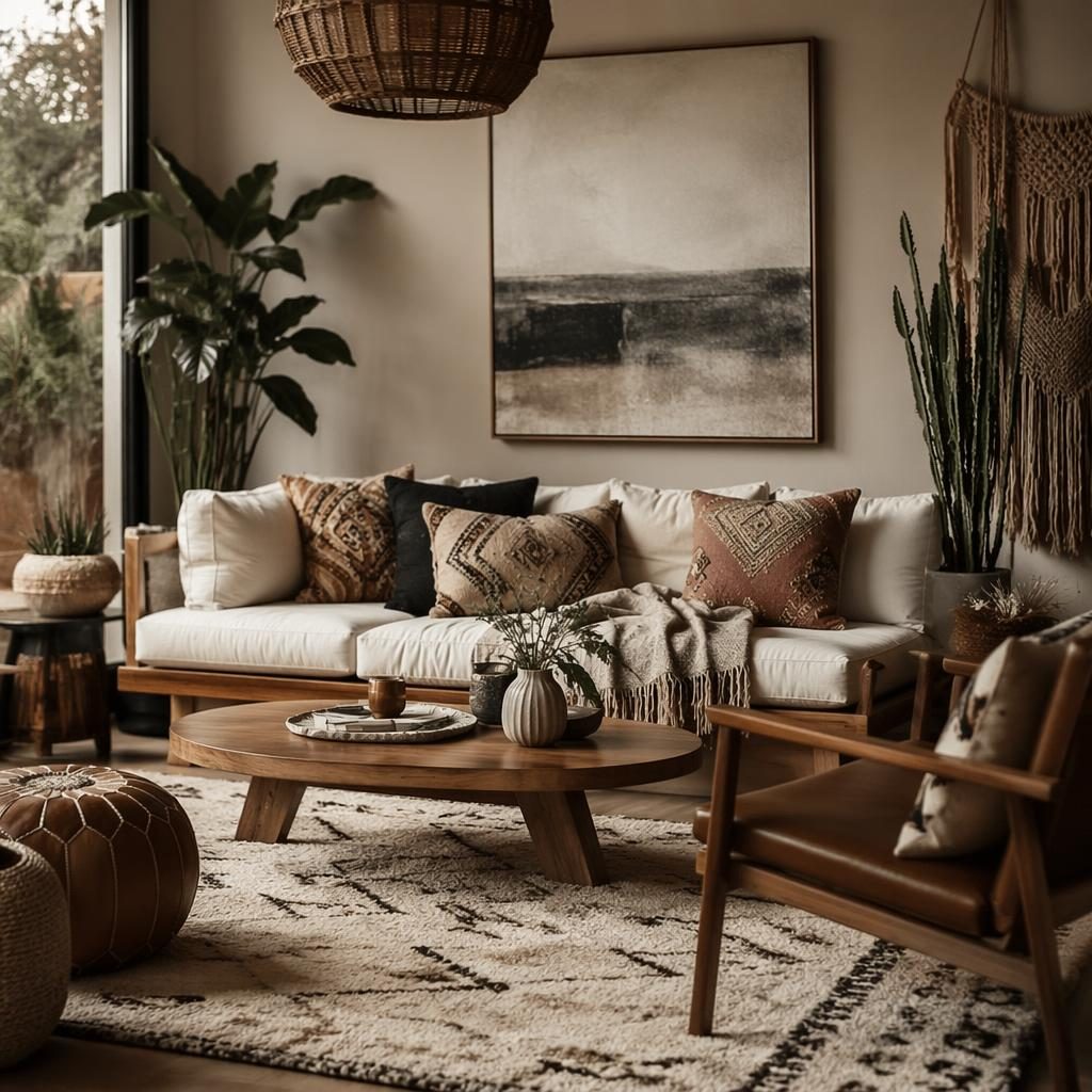 Salón mid century estilo japandi con entrada integrada, tonos neutros cálidos, madera natural, plantas, arte y textiles.
