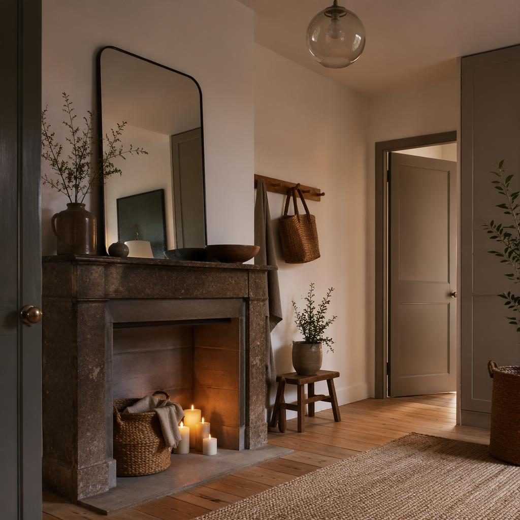 Entrée intérieure style industriel avec palette neutre chaude, cheminée ancienne, meubles en bois, textiles, plantes et lumière du soir.