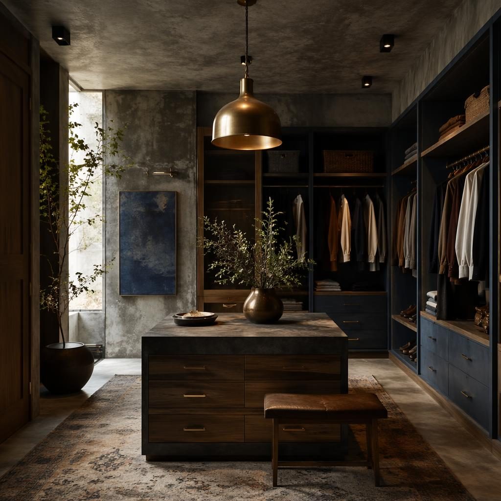 Moody walk-in closet with raw concrete walls, blue and brass accents, wood storage, plants, art, and textiles