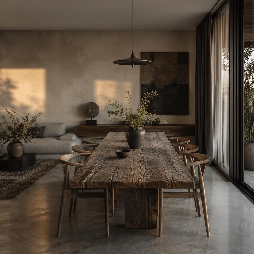 Salle à manger wabi-sabi aux tons gris, lumière dorée, matériaux naturels, plantes, textiles et robinetterie noire