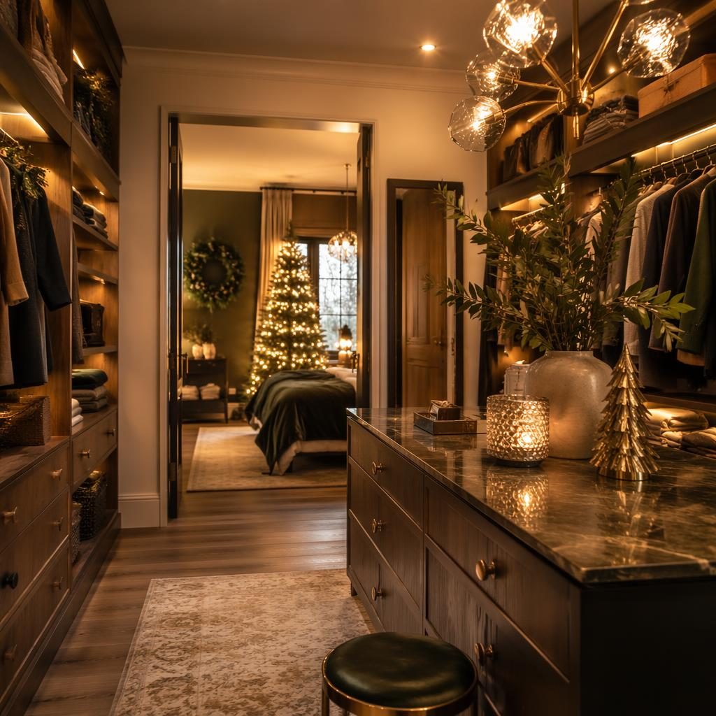 Dressing walk-in farmhouse aux tons terre, lumière dorée, velours art déco, matériaux naturels, plantes, art et textiles