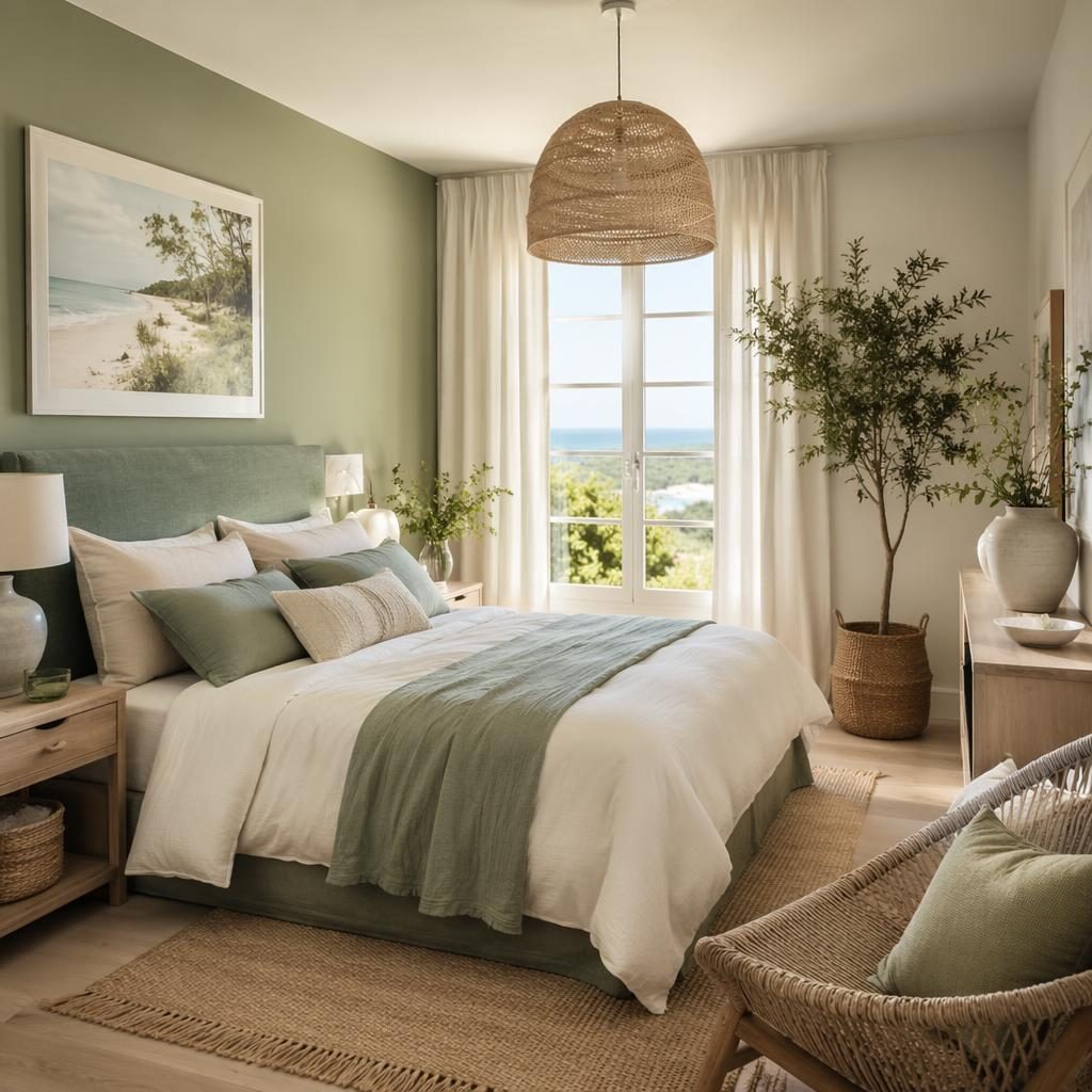 Chambre contemporaine luxe aux tons sauge et crème, lumière douce, matériaux naturels, plantes, art et textiles.