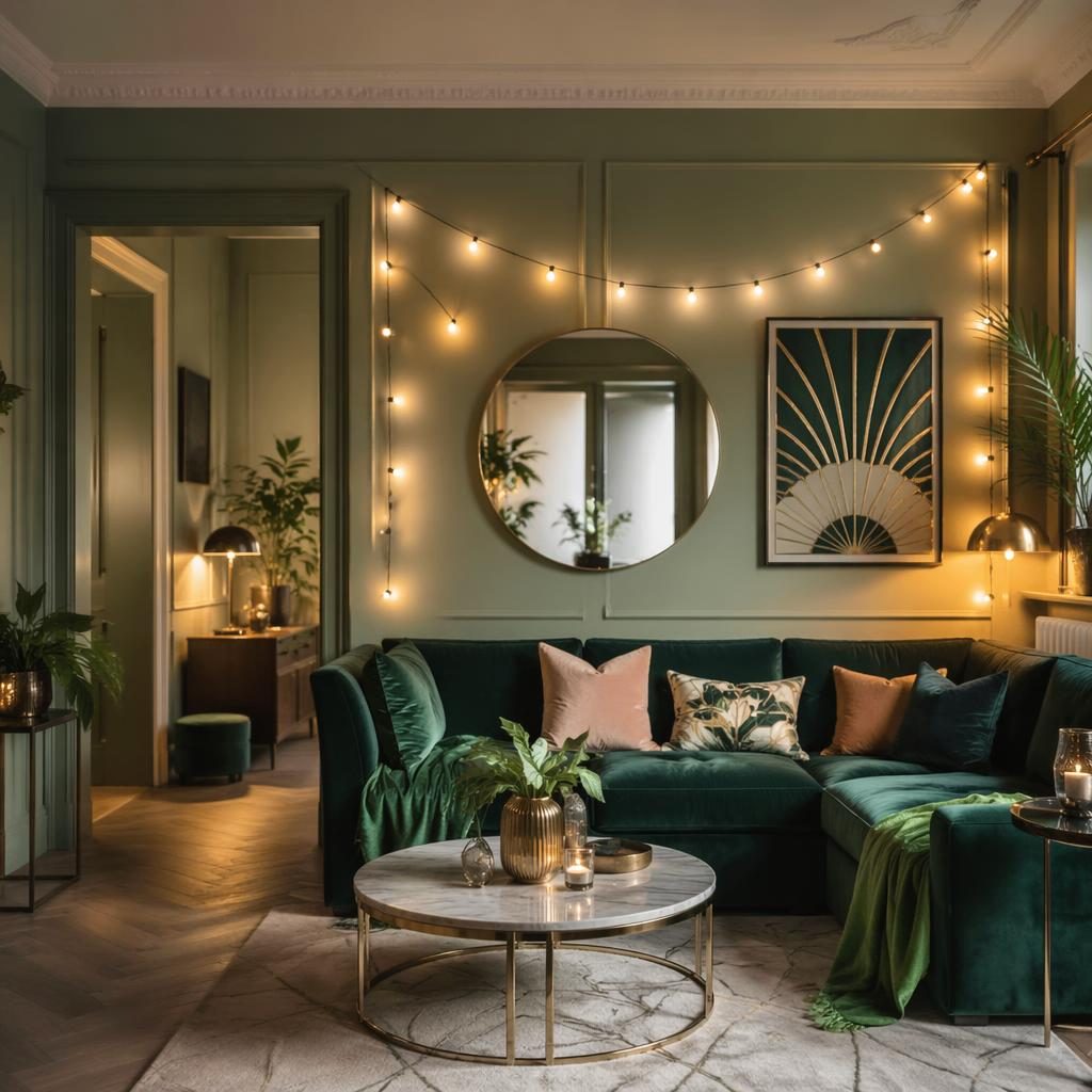 Art-Déco-Wohnzimmer in Smaragd und Creme mit Pflanzen, Textilien, Wandkunst und lichterkette für wohnzimmer