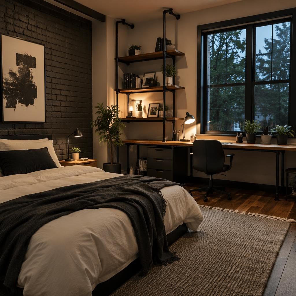 Minimalist black and white bedroom with industrial home office pipes, plants, art, textiles, and warm evening light