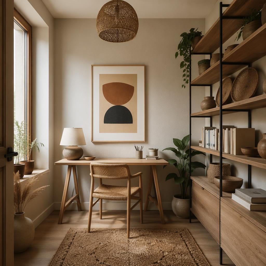 Oficina en casa escandinava de estilo boho con tonos tierra, luz natural, plantas, textiles, arte y muebles de madera.