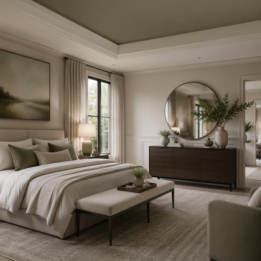 Luxury contemporary master suite with sage and cream palette, natural materials, plants, art, textiles, and soft diffused light