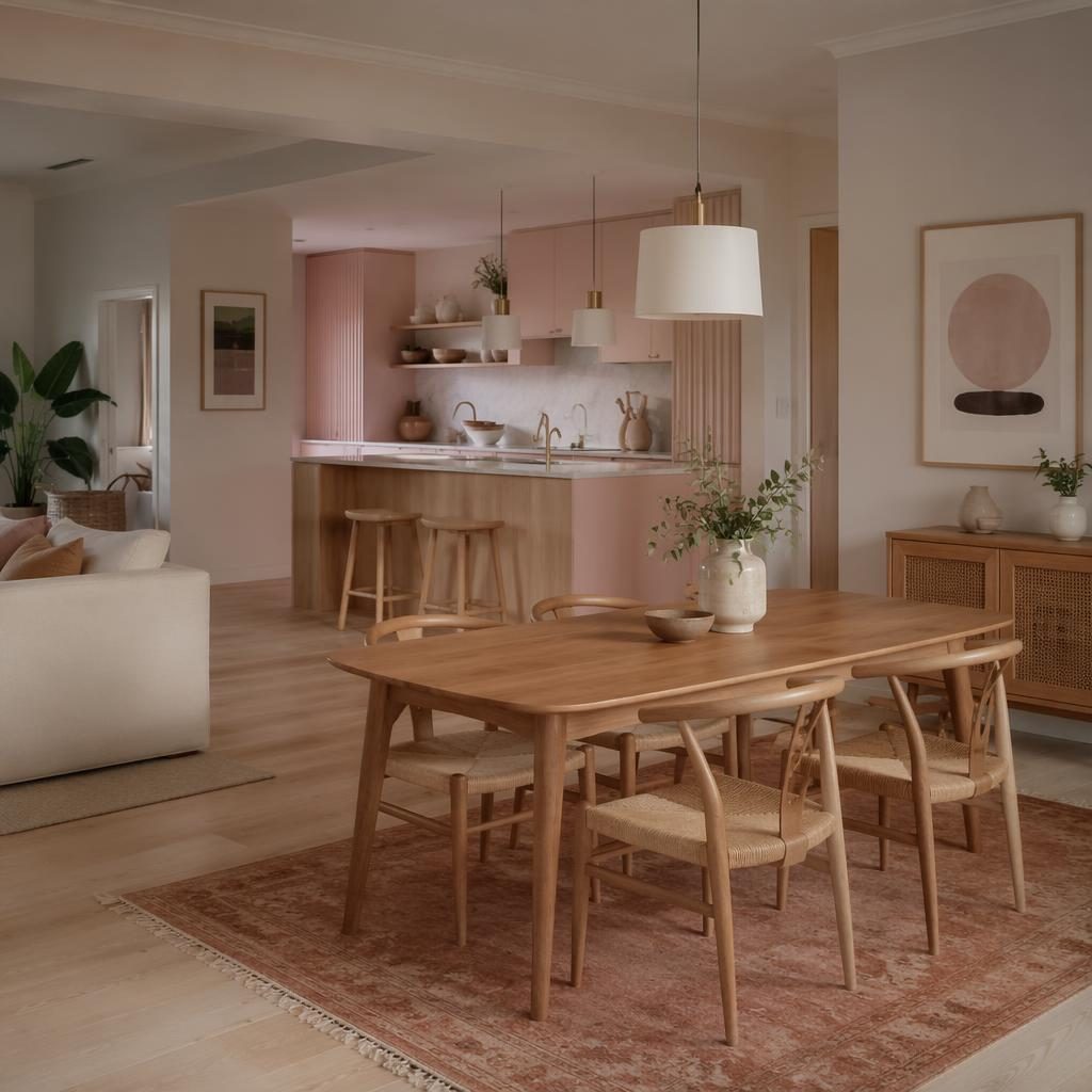 Scandinavian kitchen interior with pastel pink and beige palette, boho dining area, warm rugs, plants, art and textiles