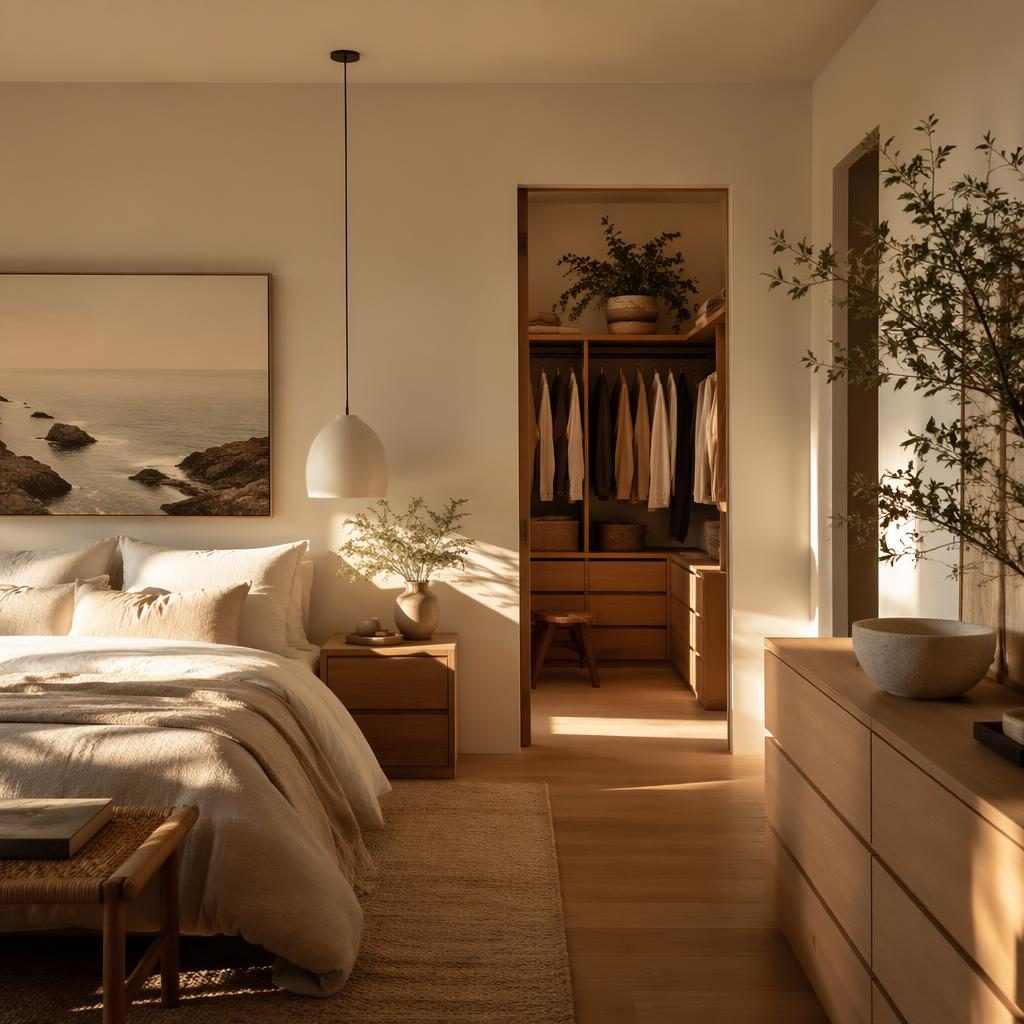 Scandinavian bedroom with coastal walk-in closet, earth-tone decor, natural materials, plants, art, and golden hour light.