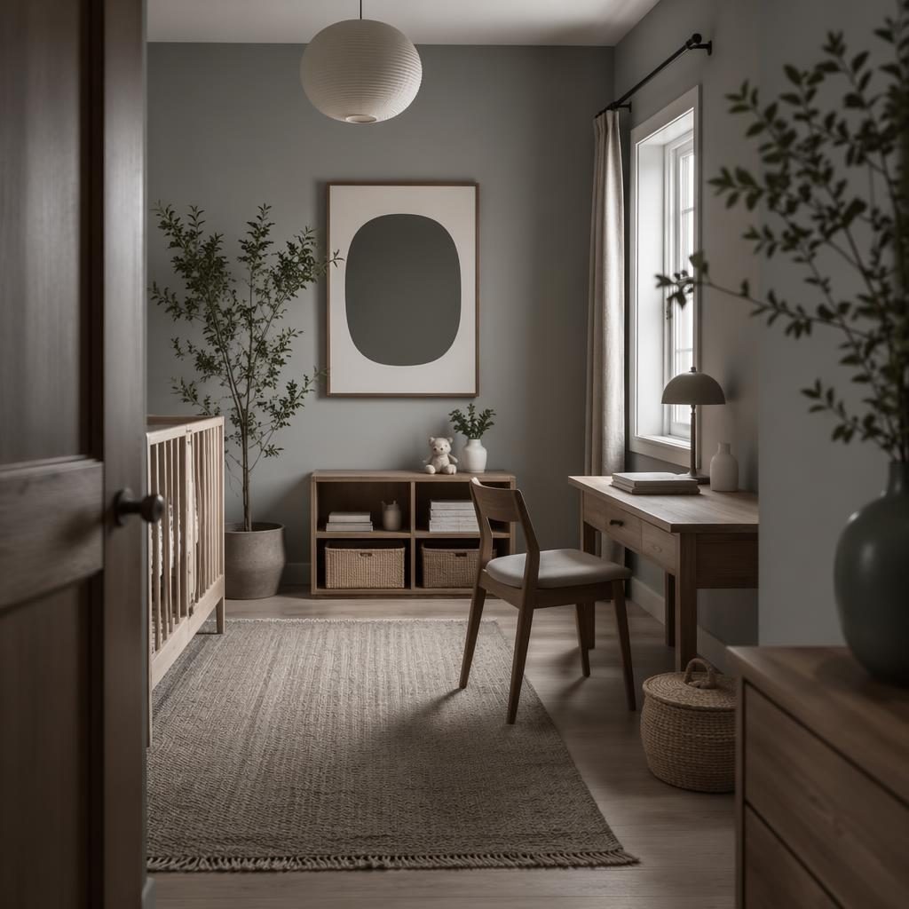 Japandi entryway in cool greys with natural wood, plants, textiles, art, and soft overcast light, rendered realistically.