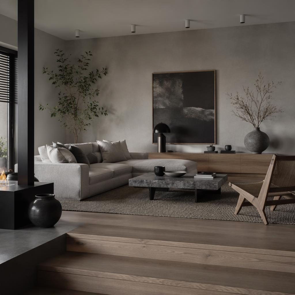 Minimalist Scandinavian living room entryway with cool grey tones, natural materials, plants, art, textiles, and moody light